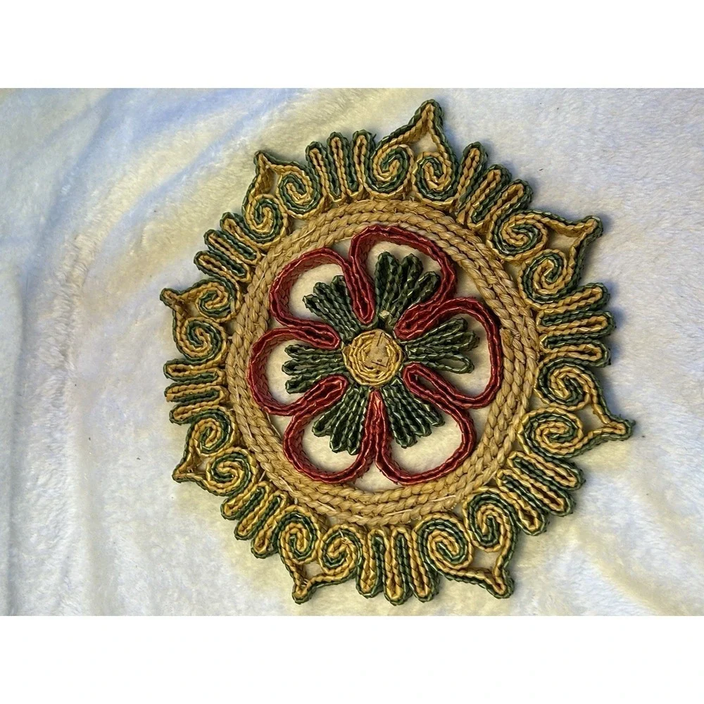 Vintage Woven Straw Trivet Boho‎ Floral Braided Hot Pad Red Green Natural Fiber
